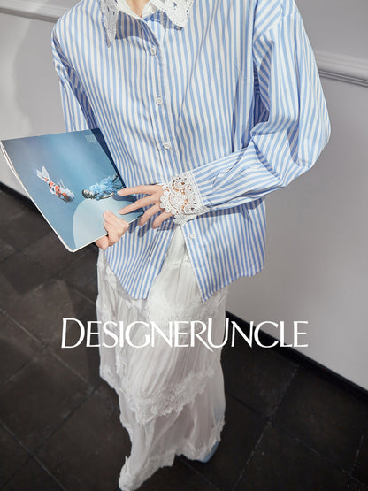 DGU|Blue Striped New Lace Stitching French Elegant Design Top - DREW.