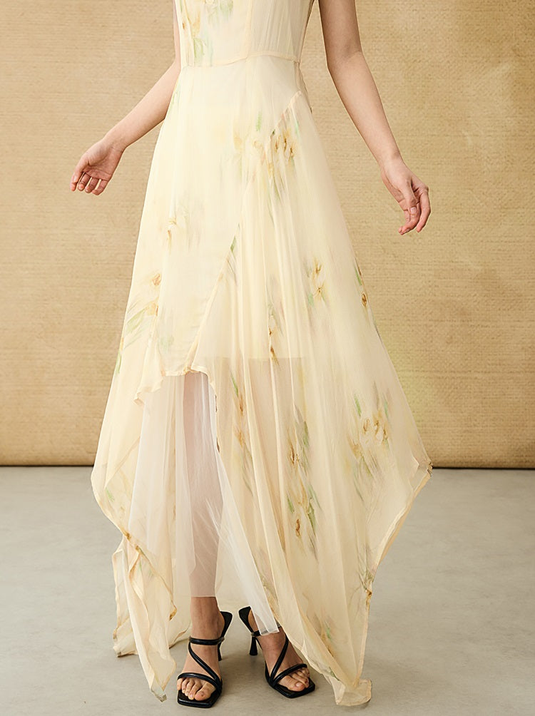 HECO Chinese Style Silk Chiffon Slip Summer Water Ripple Print Long Skirt - PEKKER.