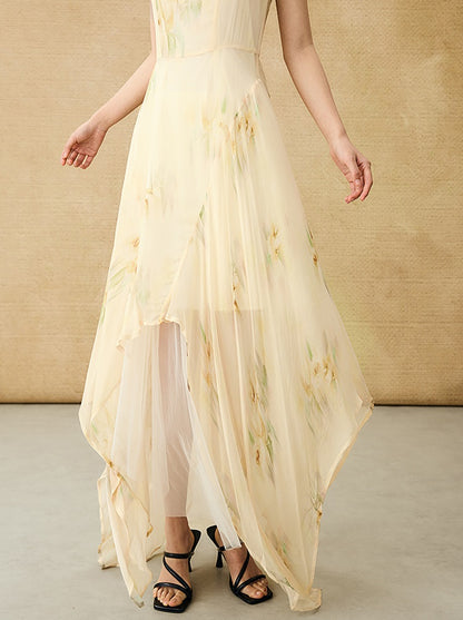 HECO Chinese Style Silk Chiffon Slip Summer Water Ripple Print Long Skirt - PEKKER.