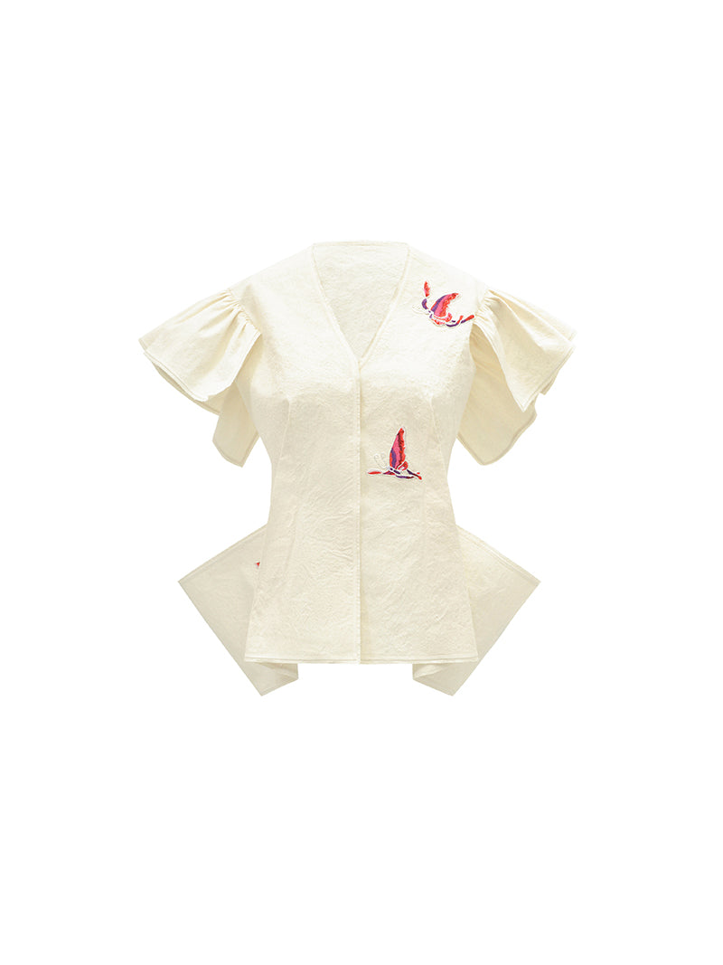 M essential Mackay designer butterfly-embroidered V-neck top skirt pants set - Amisa