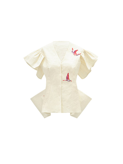 M essential Mackay designer butterfly-embroidered V-neck top skirt pants set - Amisa