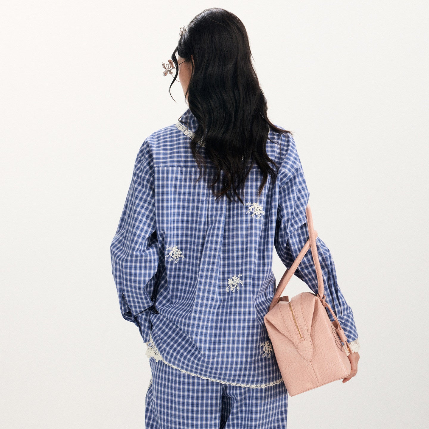 FAME loose plaid beaded long-sleeved shirt- FELIX