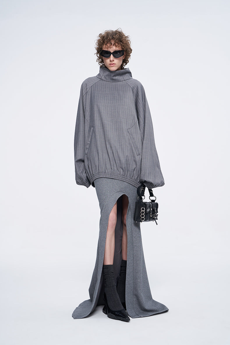 ANNAKIKI Gray Wool Casual Loose Pullover Stand Collar Top-EIKO