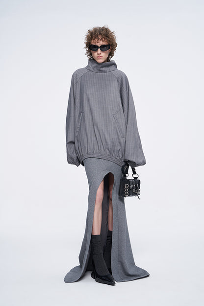 ANNAKIKI Gray Wool Casual Loose Pullover Stand Collar Top-EIKO