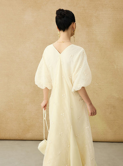 HECO  New Chinese Embroidered V-Neck Puff Sleeve Dress - CORAINE.