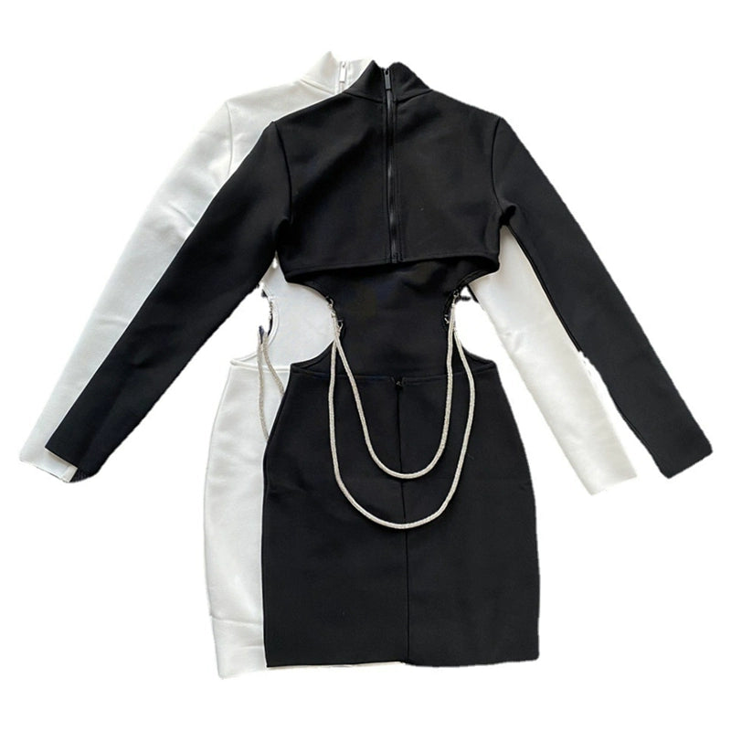 DOLLY High End White Crew Neck Long Sleeve High Waist Baring Slim Fit Dress-CAROLE