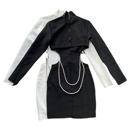 DOLLY High End White Crew Neck Long Sleeve High Waist Baring Slim Fit Dress-CAROLE