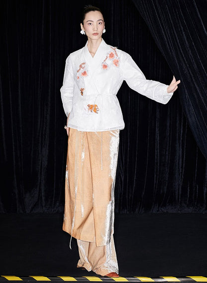 M essential Mackay designer label Quiet lace dahlia Thai lion goldfish studded Kimono Top - NICE.