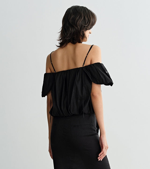 COMME MOI beaded embroidered suspender off-shoulder crop top - SUTTON.