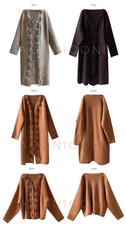 Aconiconi Luxury Loose V-Neck Long Sleeve Crochet Sweater - Camellia in the Fields