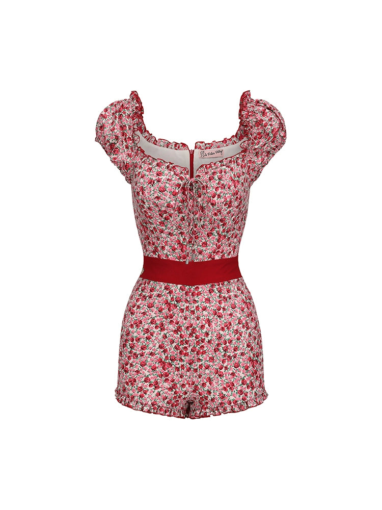 Le Palais Vintage Red Floral Off-the-Shoulder Slim One-Piece Shorts-NOSHIMA.