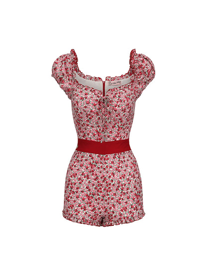 Le Palais Vintage Red Floral Off-the-Shoulder Slim One-Piece Shorts-NOSHIMA.