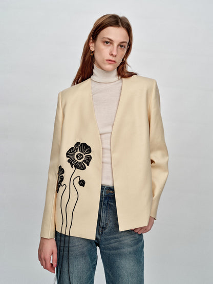 SERRER Flower embroidery beads tassels pale yellow collarless blazer - TYLER.