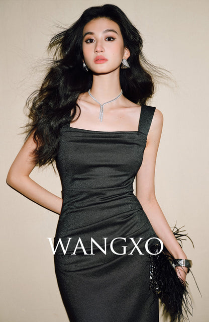 WANGXO | Shiny Silk Stretch Roman Knitwear Square Neck Hip Dress-MIRE.
