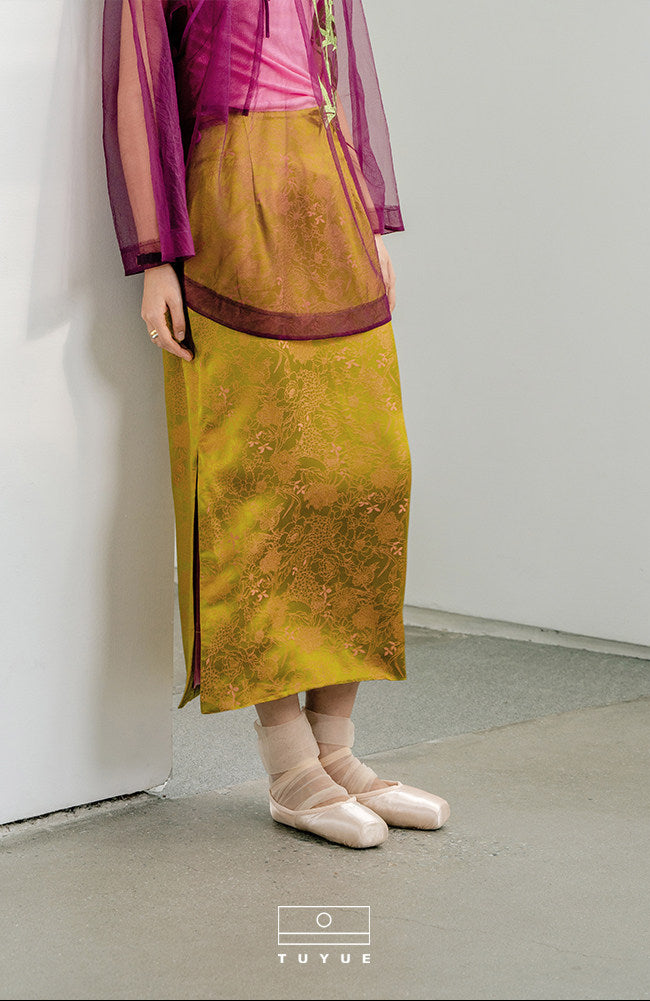 TUYUE Silk Jacquard Yellow Slit Slim Skirt - LANDON.