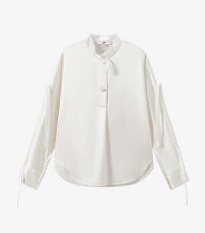 COMME MOI Lv Yan Designer Summer Women's Half Placket Gauze Strip satin  Top - REMI.