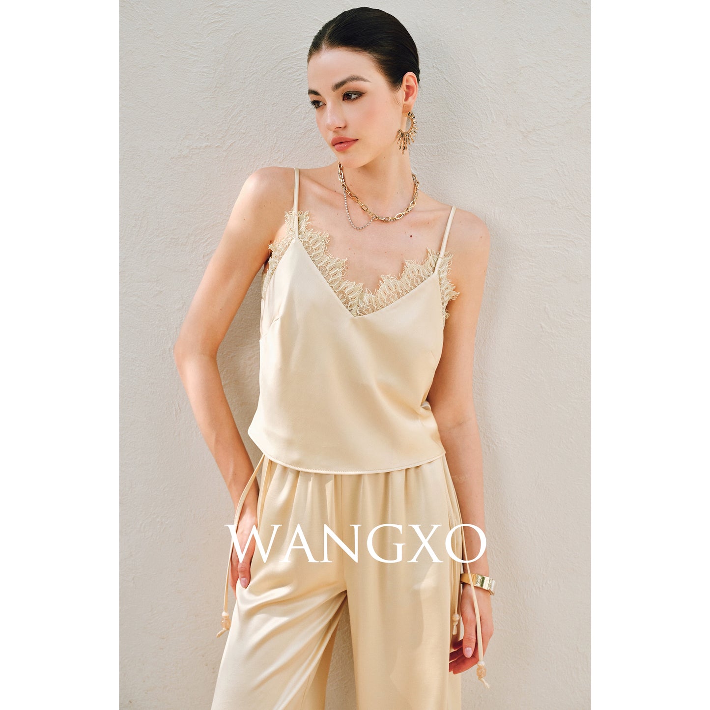 WANGXO | Hemp-Textured Acetate Satin  ight Luxury Lace Suspender, Shirt & Trousers Three-Piece Set- SARI