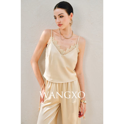 WANGXO | Hemp-Textured Acetate Satin  ight Luxury Lace Suspender, Shirt & Trousers Three-Piece Set- SARI