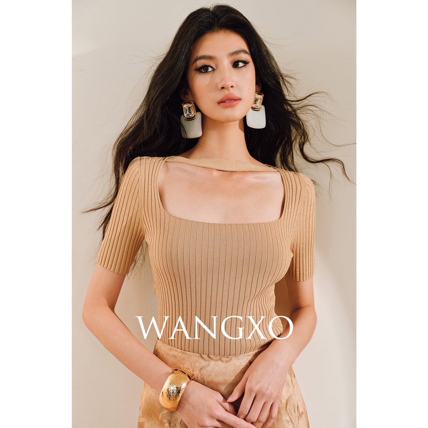 WANGXO | Phantom Shiny Silk with Hemp Retro Square Neck Slim Ribbed Knit Short Sleeve Top -ZARA