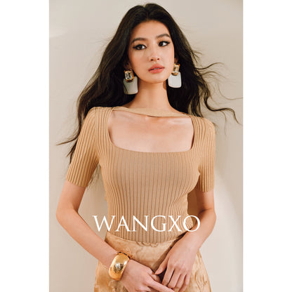 WANGXO | Phantom Shiny Silk with Hemp Retro Square Neck Slim Ribbed Knit Short Sleeve Top -ZARA