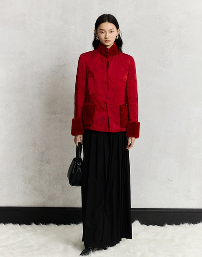 HECO 100% viscose High Neck Fur Collar red black Cotton Suit Women - entity.