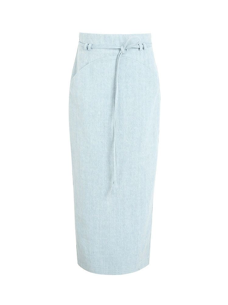 ZHUCHONGYUN summer blue belt loose straight length denim skirt-SOMA.