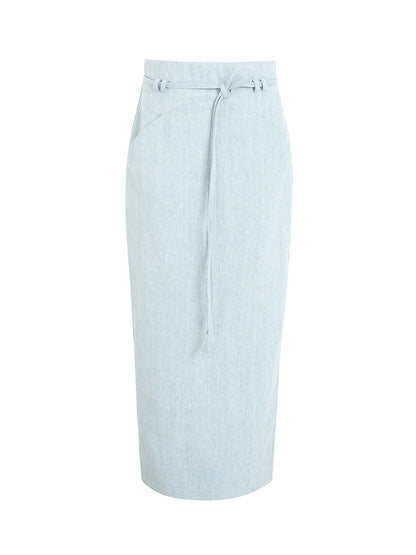 ZHUCHONGYUN summer blue belt loose straight length denim skirt-SOMA.