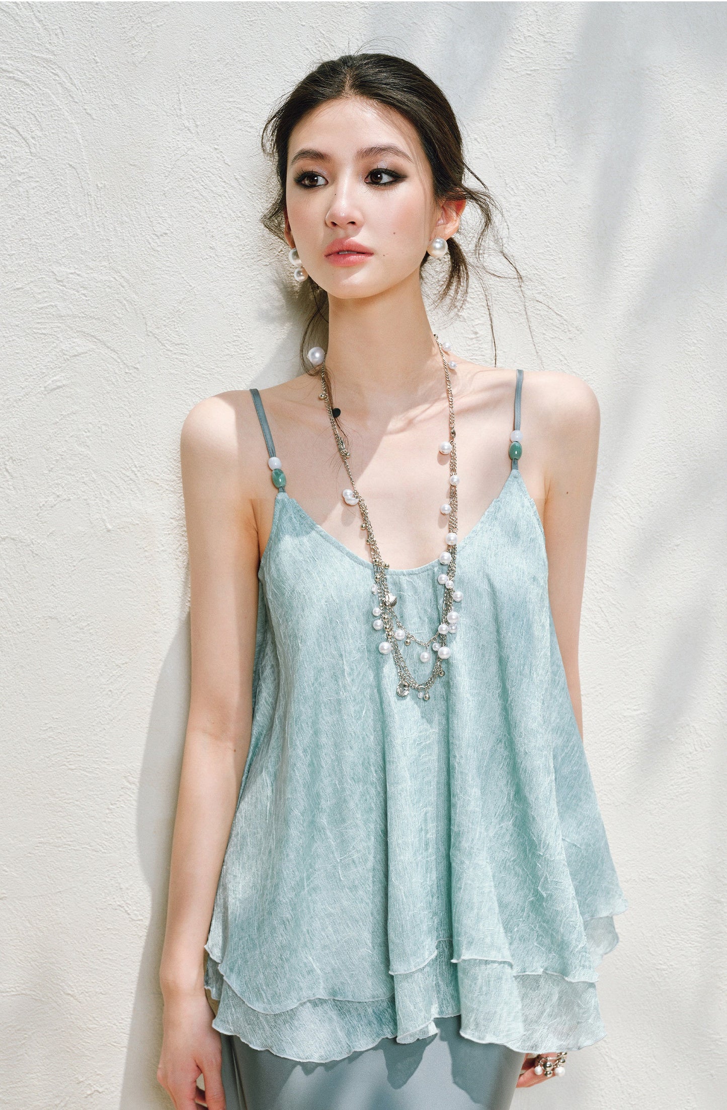 WANGXO | Silky Smooth Double-Sided Satin Top Glass Beaded Umbrella Hem Suspender Skirt Set -ELVA