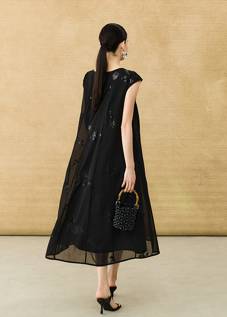 HECO Chinese Style Water Drop Neck Shoulder Embroidered Dress - SWEAT.