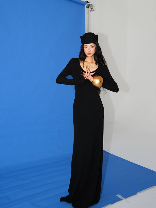 MEI SANGUAN Black U-neck long-sleeved floor-length dress - HARPER
