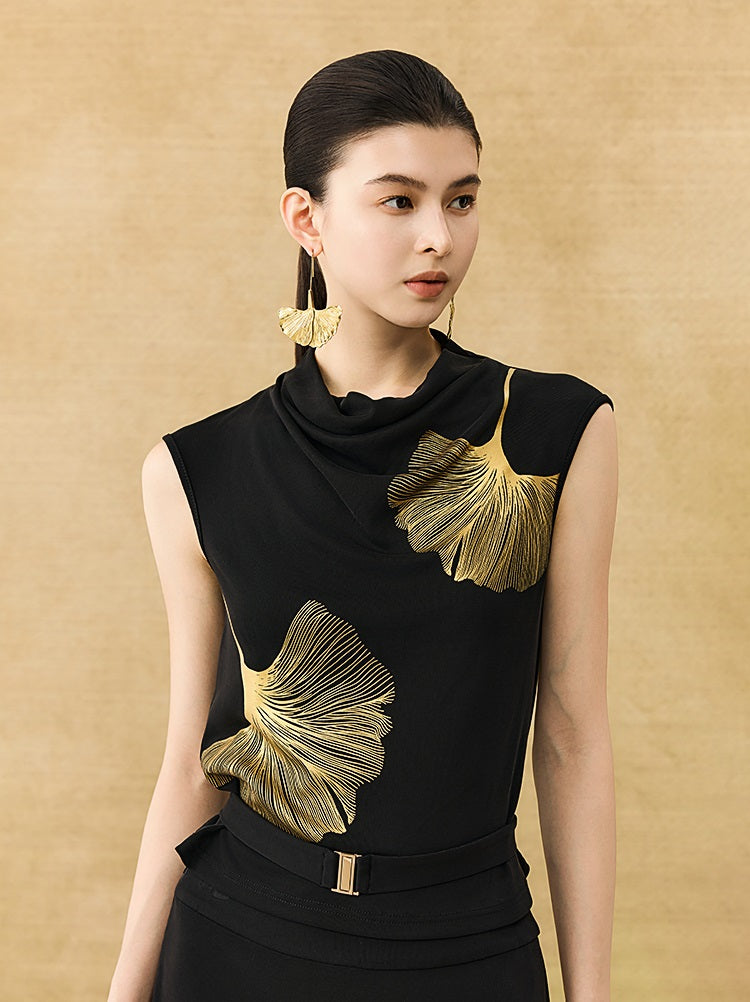 HECO Chinese Style Elegant Swing Neck Sleeveless Ginkgo Biloba Print T-Shirt - BOBA.