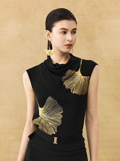 HECO Chinese Style Elegant Swing Neck Sleeveless Ginkgo Biloba Print T-Shirt - BOBA.