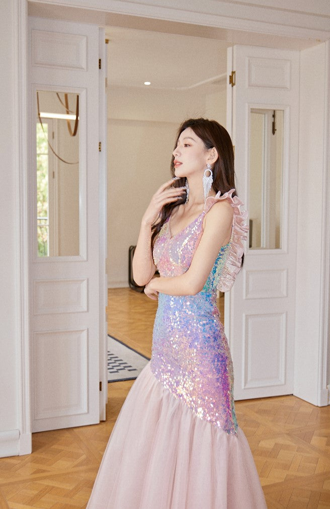 DOLLY Luxury Gradient Deep V-Neck Sleeveless Sequin Long Backless Party Dress-IVETTE