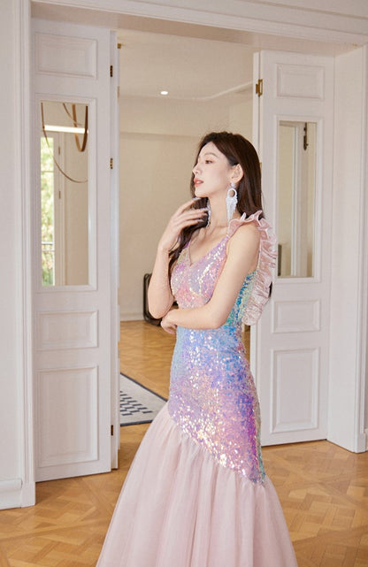 DOLLY Luxury Gradient Deep V-Neck Sleeveless Sequin Long Backless Party Dress-IVETTE