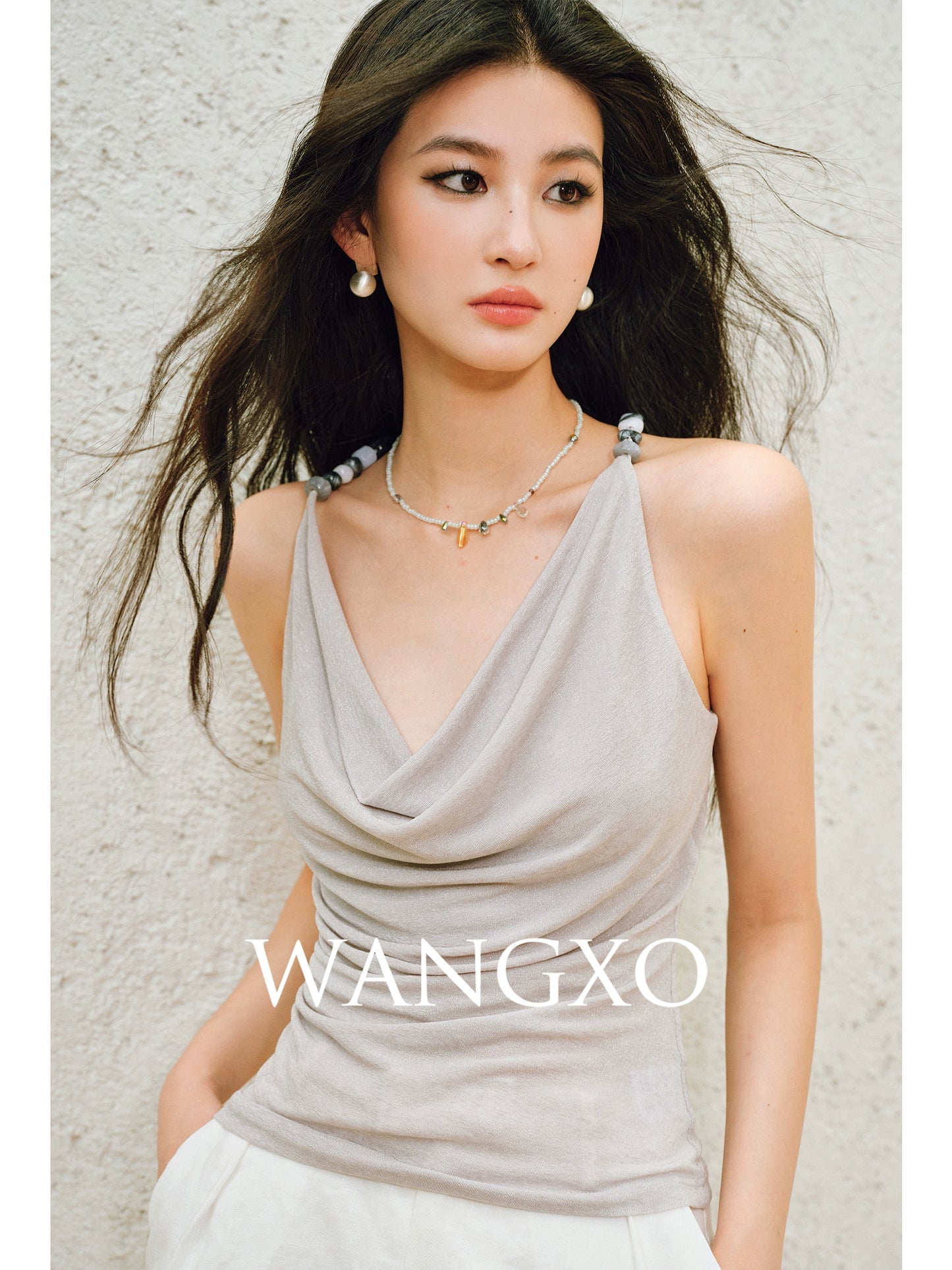 WANGXO | Elegant Swing Neckline Pleated Waist Beaded Camisole Top- SENA