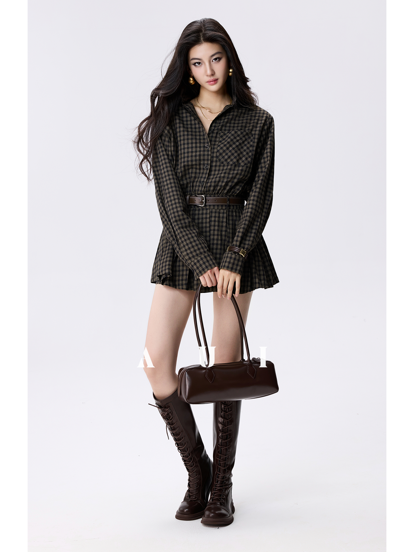 AUI Celebrity Temperament Plaid Shirt Slim POLO Dress - Ga-Ram