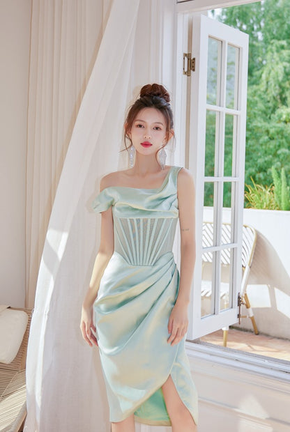 DOLLY Elegant French Style Herringbone One Shoulder Irregular Hem Dinner Dress-SALOMI