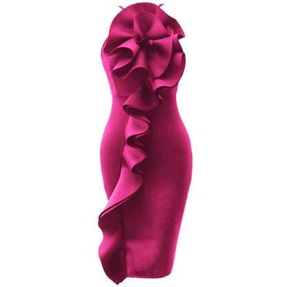 DOLLY Elegant French Style Sleeveless Ruffle Collar Slim Fit Midi Cocktail Dress-BANNIE