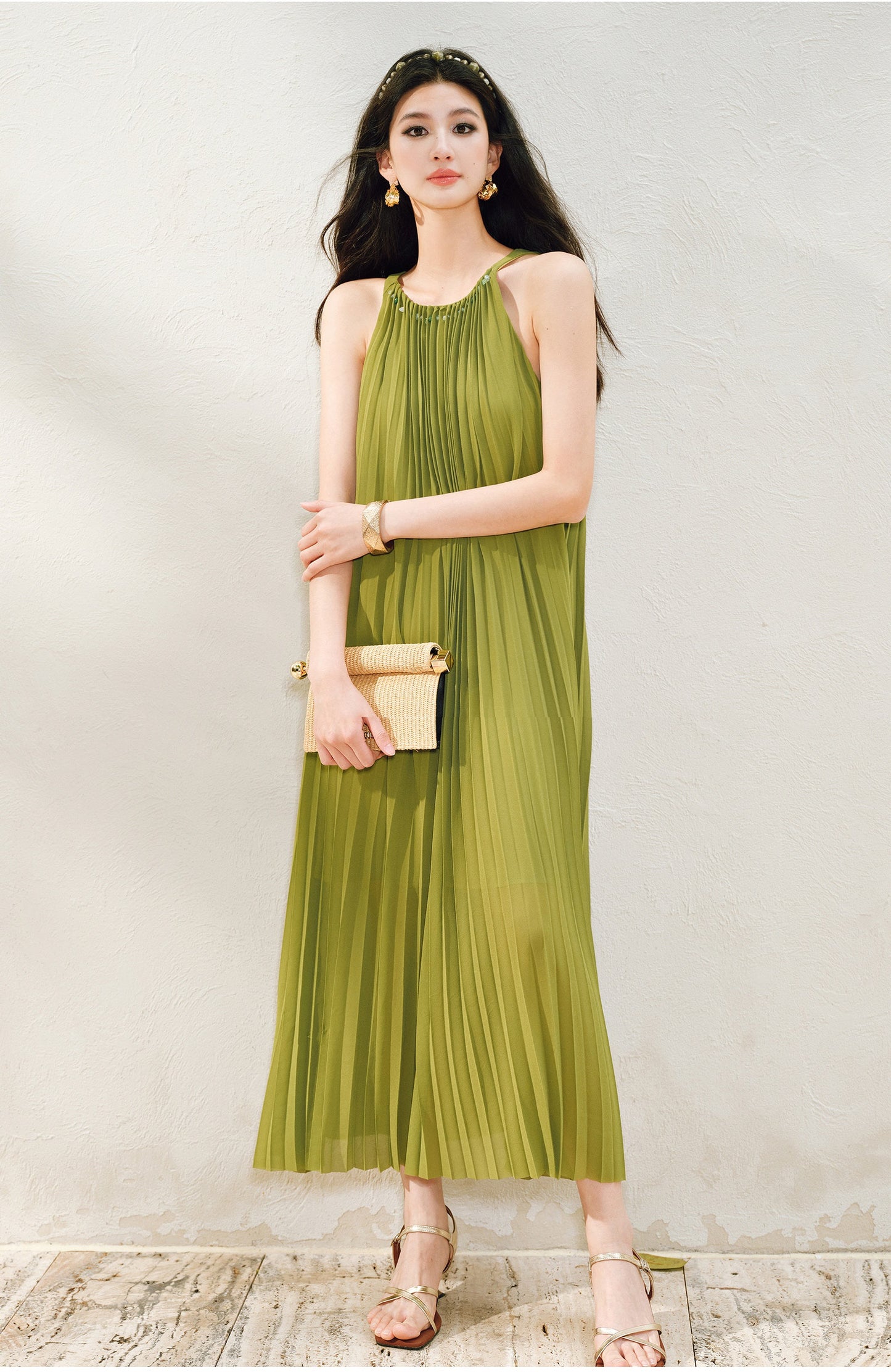 WANGXO | Natural Stone Beaded Halterneck Flowing A-Line Umbrella Skirt -ZENA