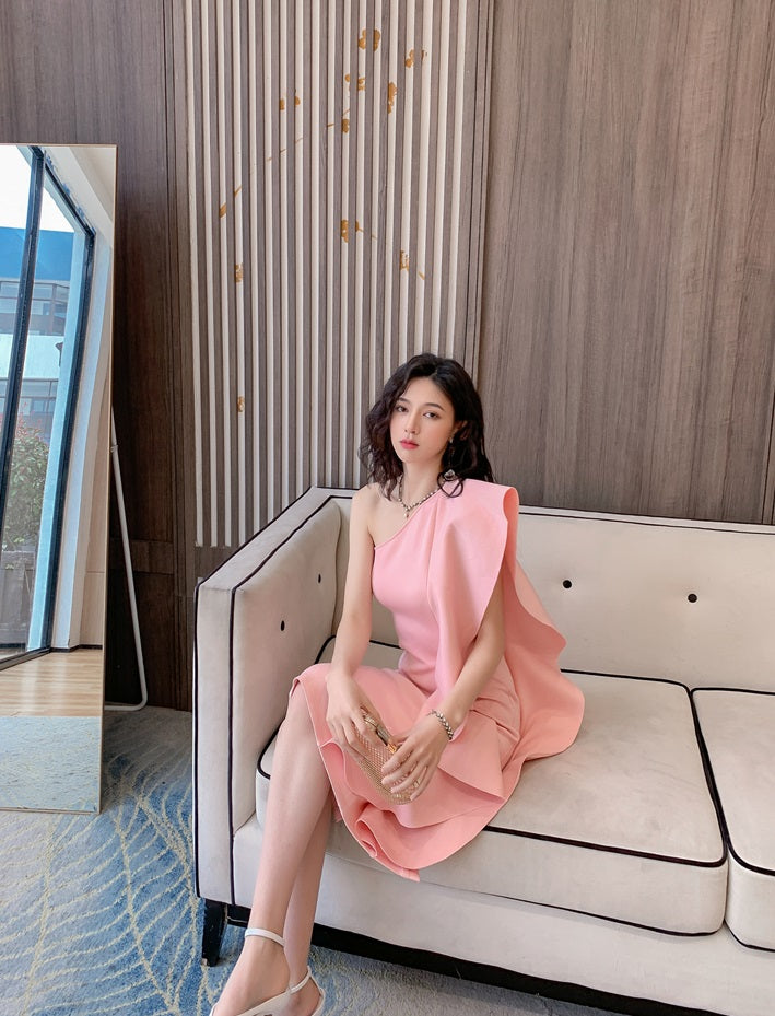 DOLLY Luxury French Style Ruffle One Shoulder Hip Hug Midi Dinner Dress-JEHO