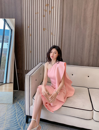 DOLLY Luxury French Style Ruffle One Shoulder Hip Hug Midi Dinner Dress-JEHO