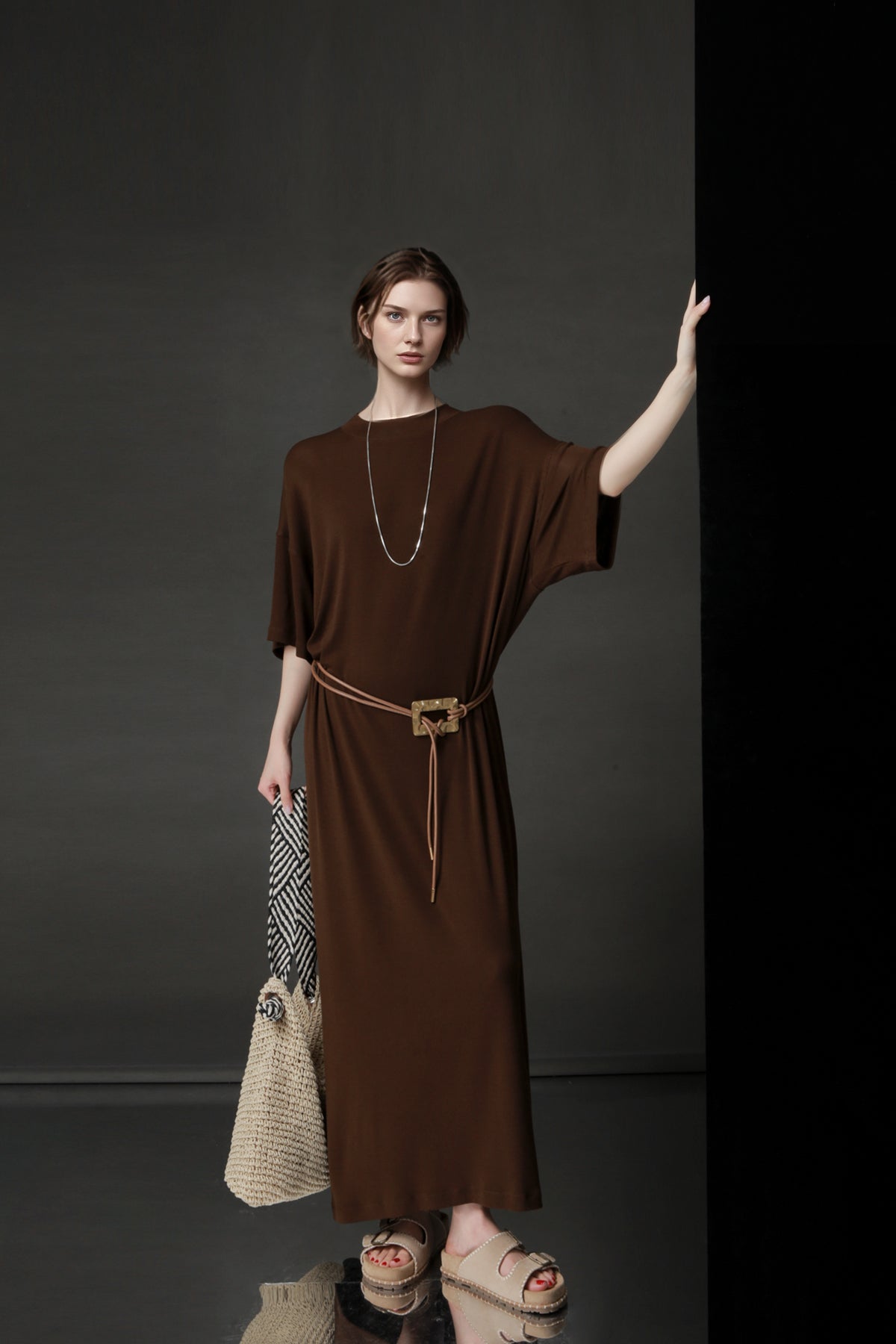 PIAOIN minimalist style nude tencel wool t-shirt skirt versatile dress -LYDIA