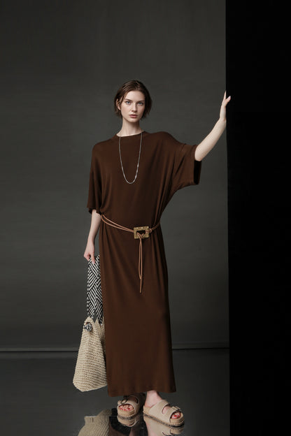 PIAOIN minimalist style nude tencel wool t-shirt skirt versatile dress -LYDIA