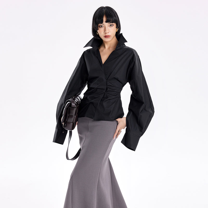 TINY IN stand-up collar casual pinch-pleated curved sleeve cinched waist shirt-KIA