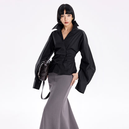 TINY IN stand-up collar casual pinch-pleated curved sleeve cinched waist shirt-KIA