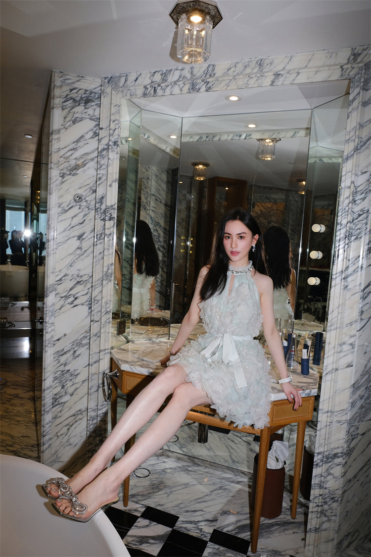 Wardrobes by Chen Luxury Pastel Green Ribbon Floral wedding guest bridal Dress-Onna