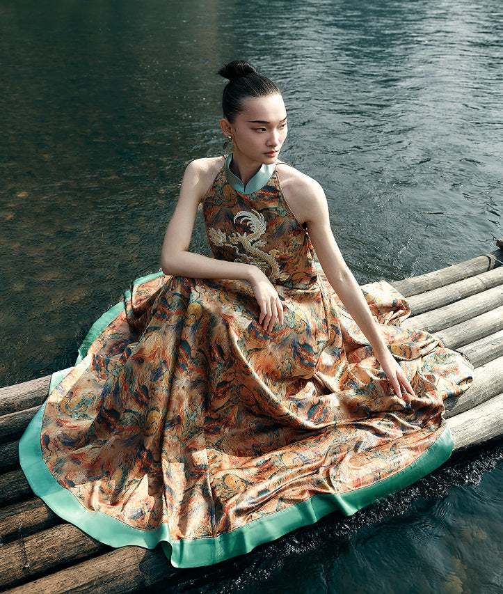 HECO Chinese Contrast Mural Big Swing Fishtail Skirt - MIGRO.