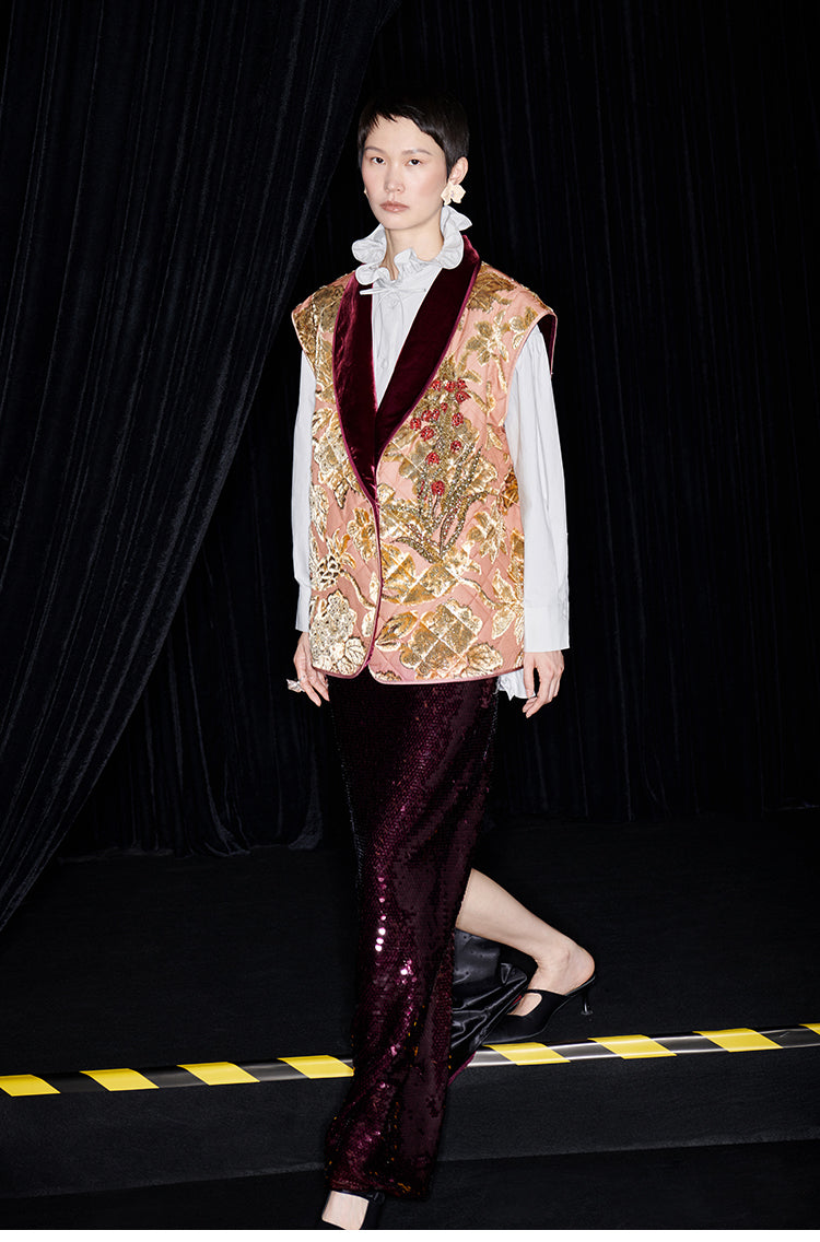 M essential Mackay designer embroidered quilted cotton gilet sequin long skirt-  lily of the valley