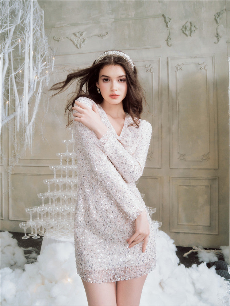 Wardrobes By Chen Elegant Off White Sequin Long Sleeve Bow bridal Short Dress-Shelly