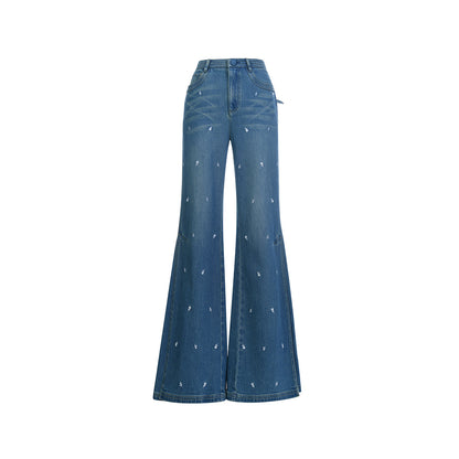 FAME Contrasting Beaded Flower Embroidered Denim Flared Pants - BILLIE.